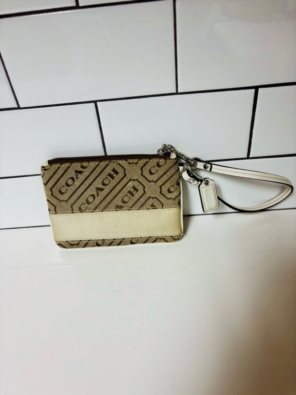 Coach Beige and White Logo Canvas Wristlet